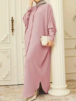 Ramadan Solid Batwing Sleeve Kaftan Abaya, Elegant Loose Split Maxi Length Dress, Women's Clothing Pink