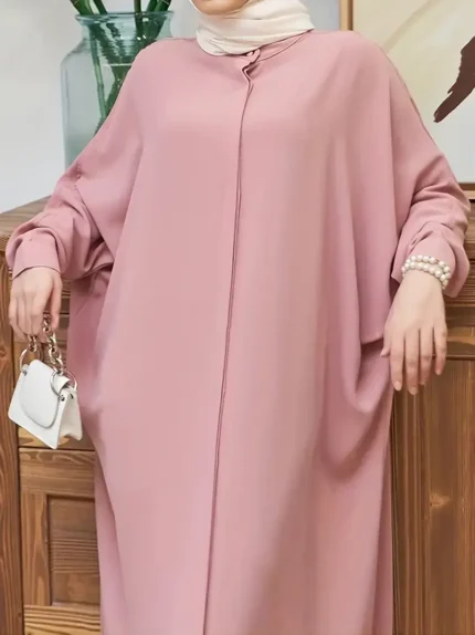 Ramadan Solid Batwing Sleeve Kaftan Abaya, Elegant Loose Split Maxi Length Dress, Women's Clothing Pink