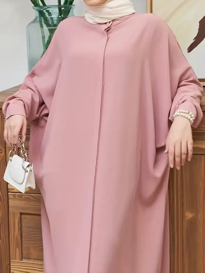 Ramadan Solid Batwing Sleeve Kaftan Abaya, Elegant Loose Split Maxi Length Dress, Women's Clothing Pink