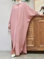 Ramadan Solid Batwing Sleeve Kaftan Abaya, Elegant Loose Split Maxi Length Dress, Women's Clothing Pink