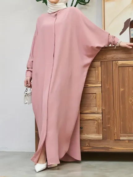 Ramadan Solid Batwing Sleeve Kaftan Abaya, Elegant Loose Split Maxi Length Dress, Women's Clothing Pink