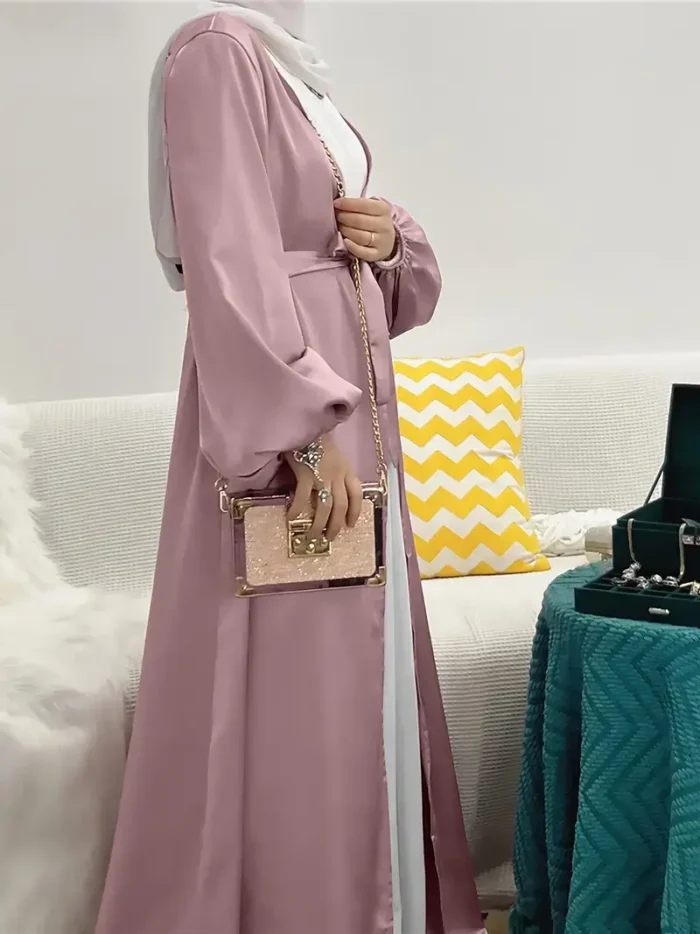 Ramadan Solid Belted Abayas, Elegant Lantern Sleeve Abayas Without Dress, Women's Clothing