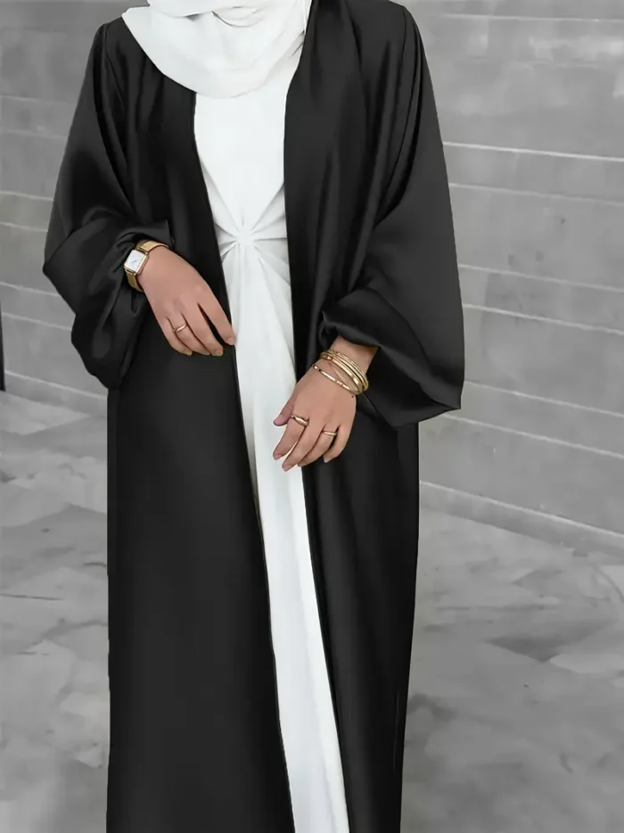 Ramadan Solid Belted Abayas, Elegant Lantern Sleeve Abayas Without Dress, Women's Clothing Black