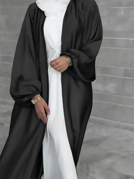 Ramadan Solid Belted Abayas, Elegant Lantern Sleeve Abayas Without Dress, Women's Clothing Black