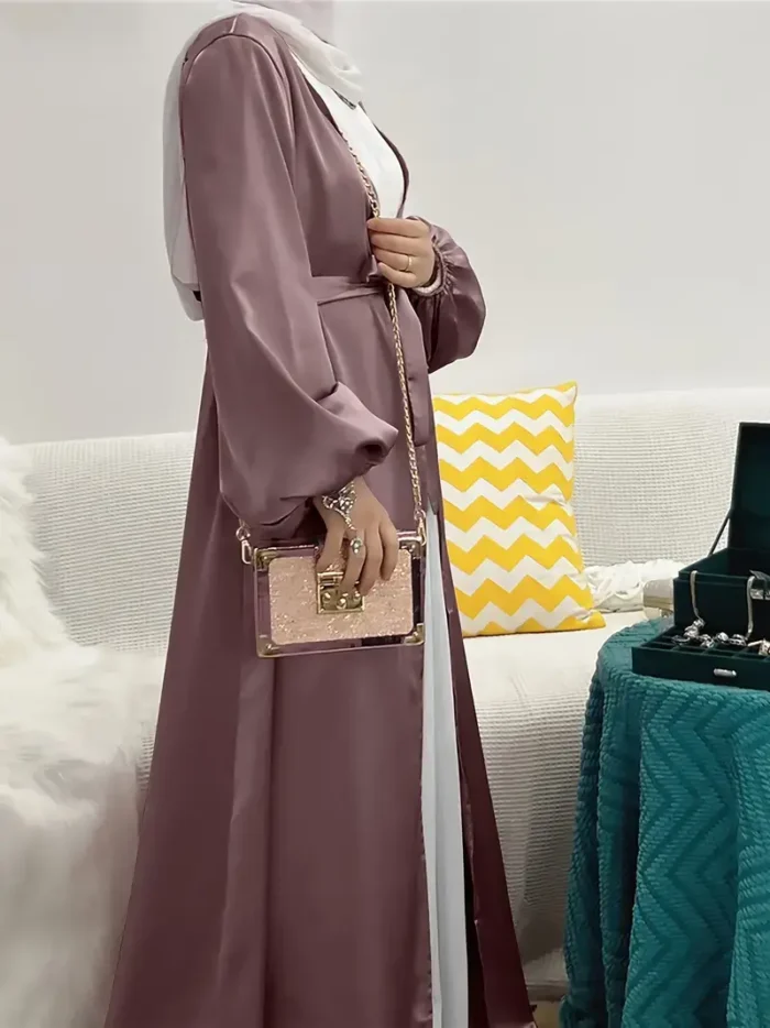 Ramadan Solid Belted Abayas, Elegant Lantern Sleeve Abayas Without Dress, Women's Clothing Camel