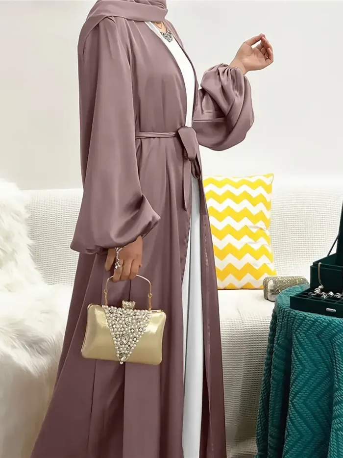 Ramadan Solid Belted Abayas, Elegant Lantern Sleeve Abayas Without Dress, Women's Clothing Camel