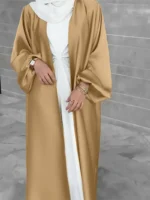 Ramadan Solid Belted Abayas, Elegant Lantern Sleeve Abayas Without Dress, Women's Clothing Champagne Golden