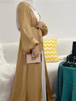 Ramadan Solid Belted Abayas, Elegant Lantern Sleeve Abayas Without Dress, Women's Clothing Champagne Golden