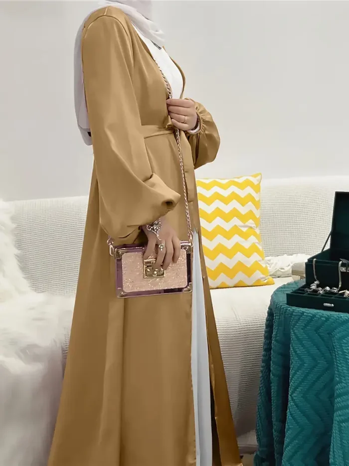 Ramadan Solid Belted Abayas, Elegant Lantern Sleeve Abayas Without Dress, Women's Clothing Champagne Golden