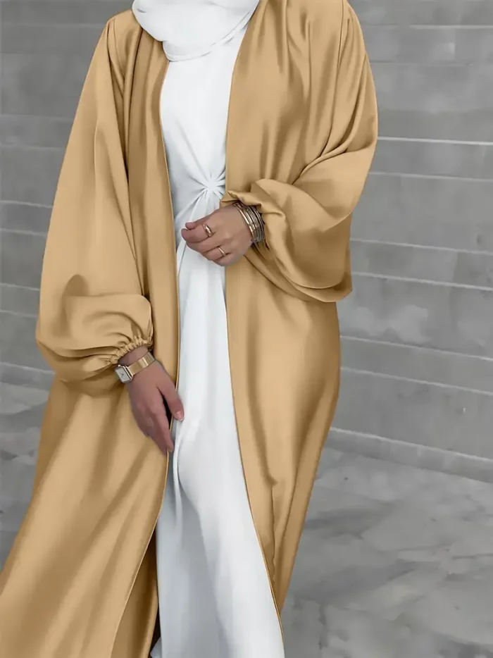 Ramadan Solid Belted Abayas, Elegant Lantern Sleeve Abayas Without Dress, Women's Clothing Champagne Golden