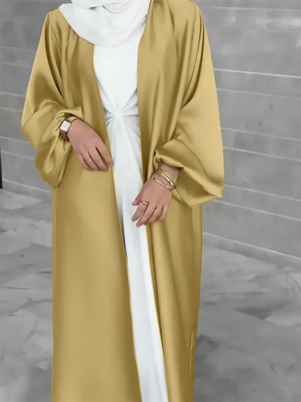 Ramadan Solid Belted Abayas, Elegant Lantern Sleeve Abayas Without Dress, Women's Clothing Fluorescent Yellow