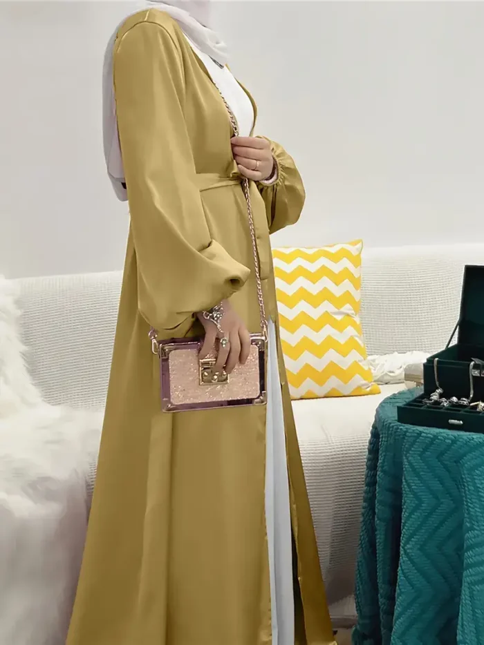 Ramadan Solid Belted Abayas, Elegant Lantern Sleeve Abayas Without Dress, Women's Clothing Fluorescent Yellow