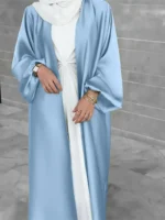 Ramadan Solid Belted Abayas, Elegant Lantern Sleeve Abayas Without Dress, Women's Clothing Sky Blue