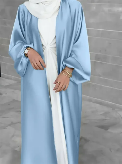 Ramadan Solid Belted Abayas, Elegant Lantern Sleeve Abayas Without Dress, Women's Clothing Sky Blue