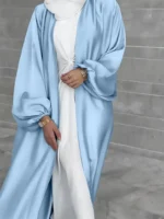 Ramadan Solid Belted Abayas, Elegant Lantern Sleeve Abayas Without Dress, Women's Clothing Sky Blue