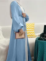 Ramadan Solid Belted Abayas, Elegant Lantern Sleeve Abayas Without Dress, Women's Clothing Sky Blue