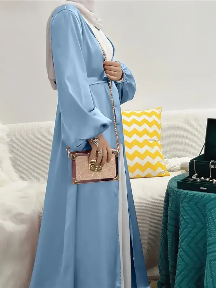 Ramadan Solid Belted Abayas, Elegant Lantern Sleeve Abayas Without Dress, Women's Clothing Sky Blue