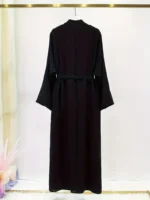 Ramadan Solid Color Two-piece Abaya Set, Casual Crew Neck Sleeveless Tank Dress & Open Front Long Sleeve Tie Cardigan Outfits, Women's Clothing