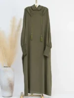 Ramadan Solid Loose Hooded Kaftan Abayas, Elegant Batwing Sleeve Maxi Length Dress, Women's Clothing olive Green