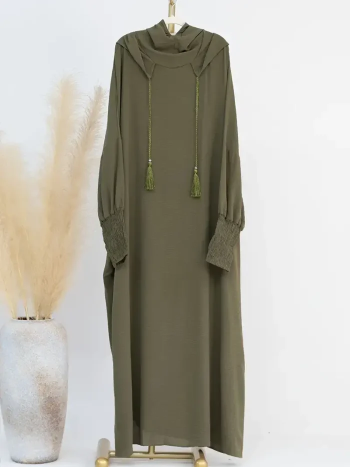 Ramadan Solid Loose Hooded Kaftan Abayas, Elegant Batwing Sleeve Maxi Length Dress, Women's Clothing olive Green