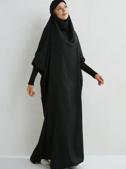 Ramadan Solid One-Piece Prayer Abaya, Modest Full Length Abaya Dress With Hijab, Women's Clothing