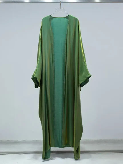 Ramadan Solid Open Front Kaftan Abayas, Elegant Long Sleeve Cover Up Maxi Length Outwear, Women's Clothing Dark Green