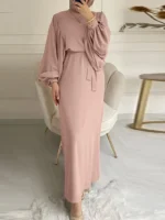 Ramadan Solid Open Front Kaftan Abayas, Elegant Long Sleeve Cover Up Maxi Length Outwear, Women's Clothing Pink (1)