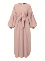 Ramadan Solid Open Front Kaftan Abayas, Elegant Long Sleeve Cover Up Maxi Length Outwear, Women's Clothing Pink (1)