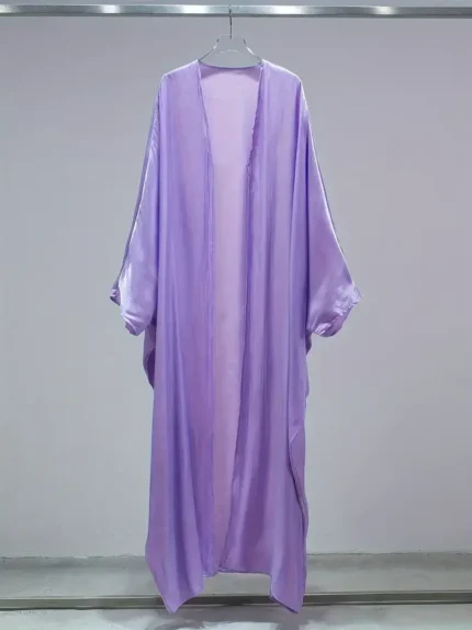 Ramadan Solid Open Front Kaftan Abayas, Elegant Long Sleeve Cover Up Maxi Length Outwear, Women's Clothing Purple